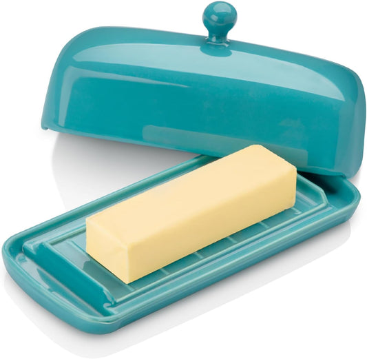 Nucookery Ceramic Butter Dish with Lid for Countertop, Butter Holder with Raised Non-Slip Strip, Keeper and Container for 1 Stick, Easy to Clean & Dishwasher Safe, Royal Blue