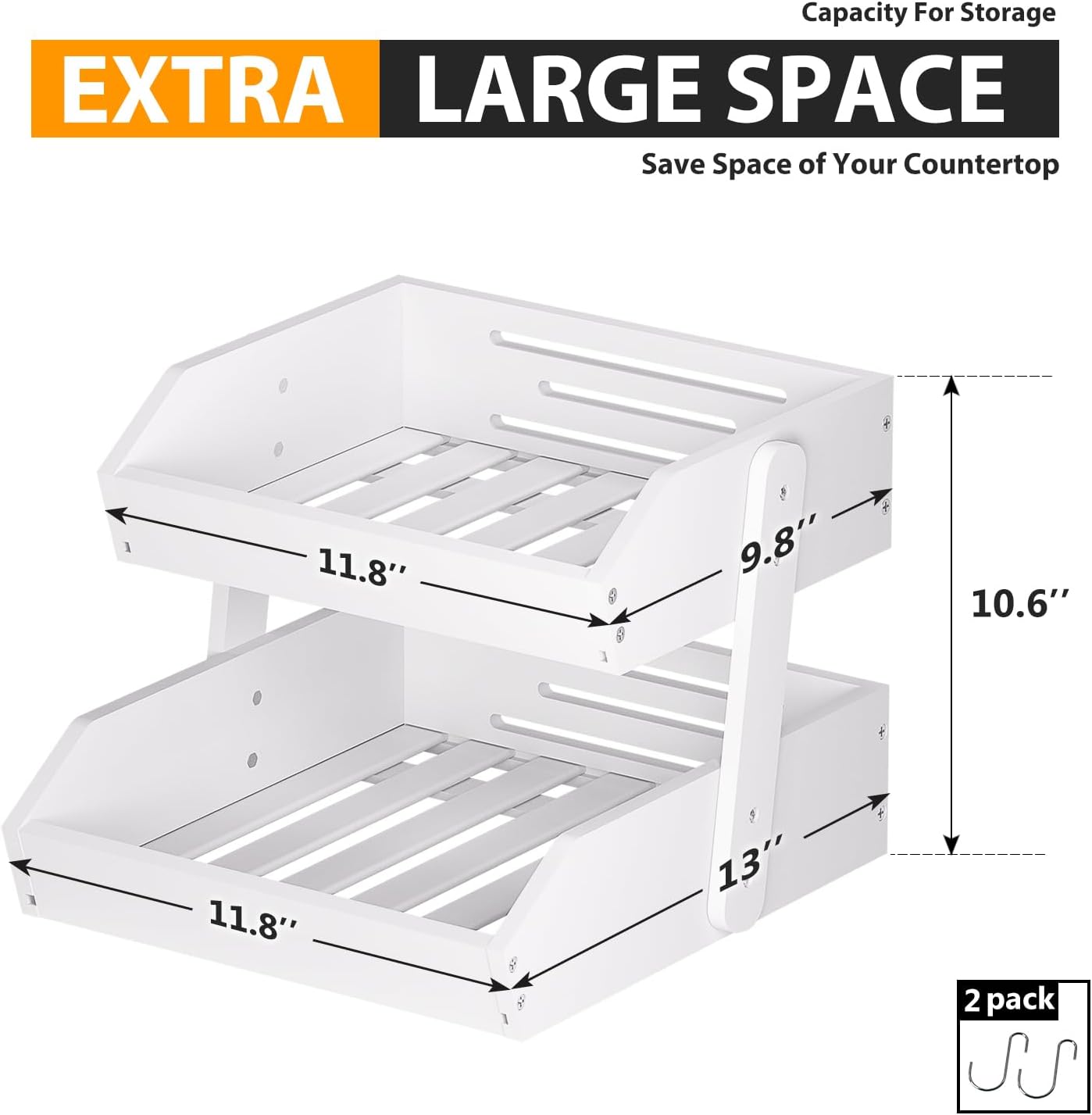 Bamboo Fruit Basket for Kitchen - 2 Tier Fruit Bowl, Large Holder With Banana Hangers, Idea For Vegetable Storage, Bread Display, Snack Organizer (White)