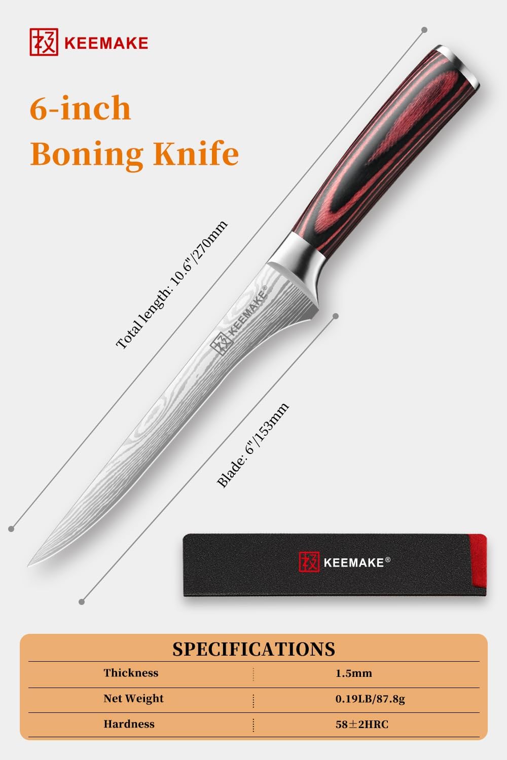 KEEMAKE Boning Knife 6 Inch - Super Sharp High Carbon Stainless Steel Fillet Knife for Meat, Fish & Poultry with Ergonomic Handle, w/Sheath - Ideal Gift for Chefs