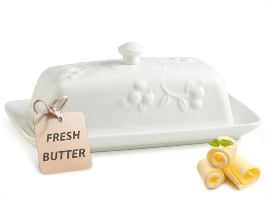 Butter Dish with Lid for Countertop, Ceramic Butter Dish with Knob Handle, Large Butter Holder Container for East West Coast Butter Storage, Cherry