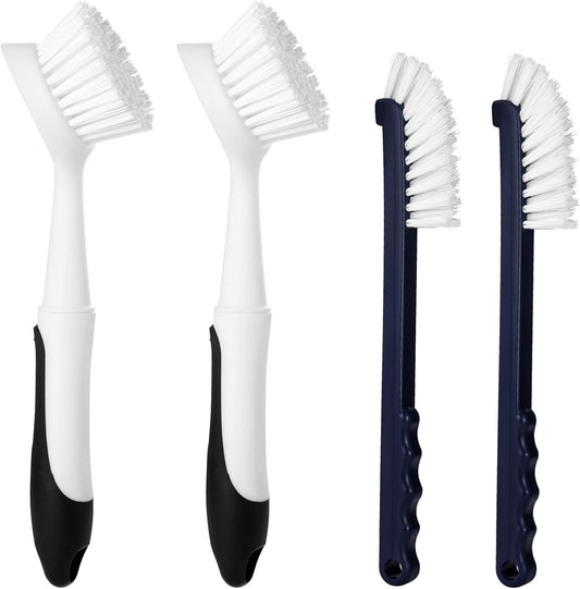 Dish Brush with Handle, 2 Pack Dish Scrub Brush with Built-in Scraper and 2 Pack Grout Brush, Kitchen Brushes for Dishes,Pots, Pans and Sinks