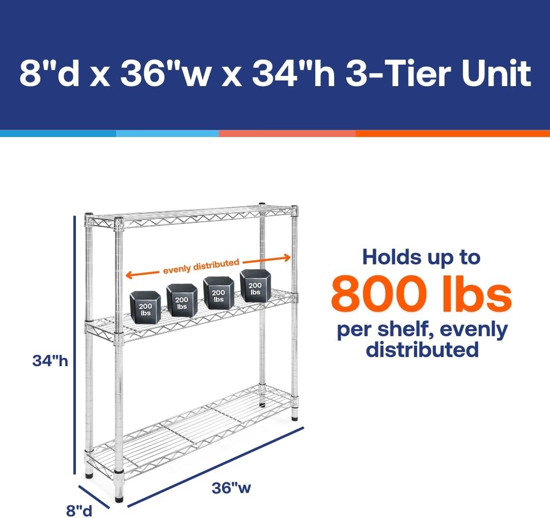 Shelving Inc. 8" d x 36" w Chrome Wire Shelving with 3 Tier Shelves, Weight Capacity 800lbs Per Shelf