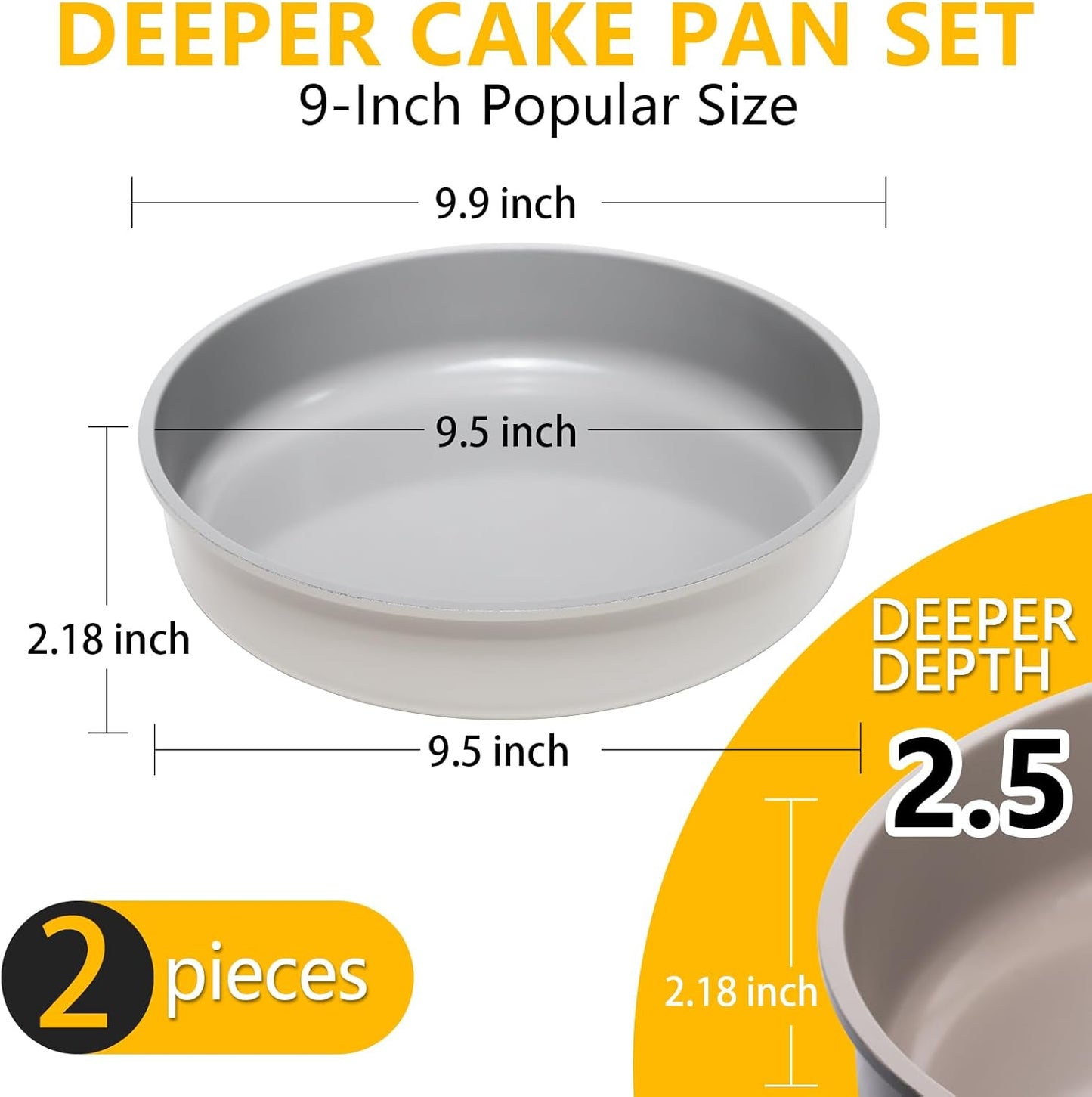 9.5 Inch Round Cake Pan Set of 2,Cast Aluminum Bakeware Ceramic Nonstick Oven and Dishwasher Safe(Beige)
