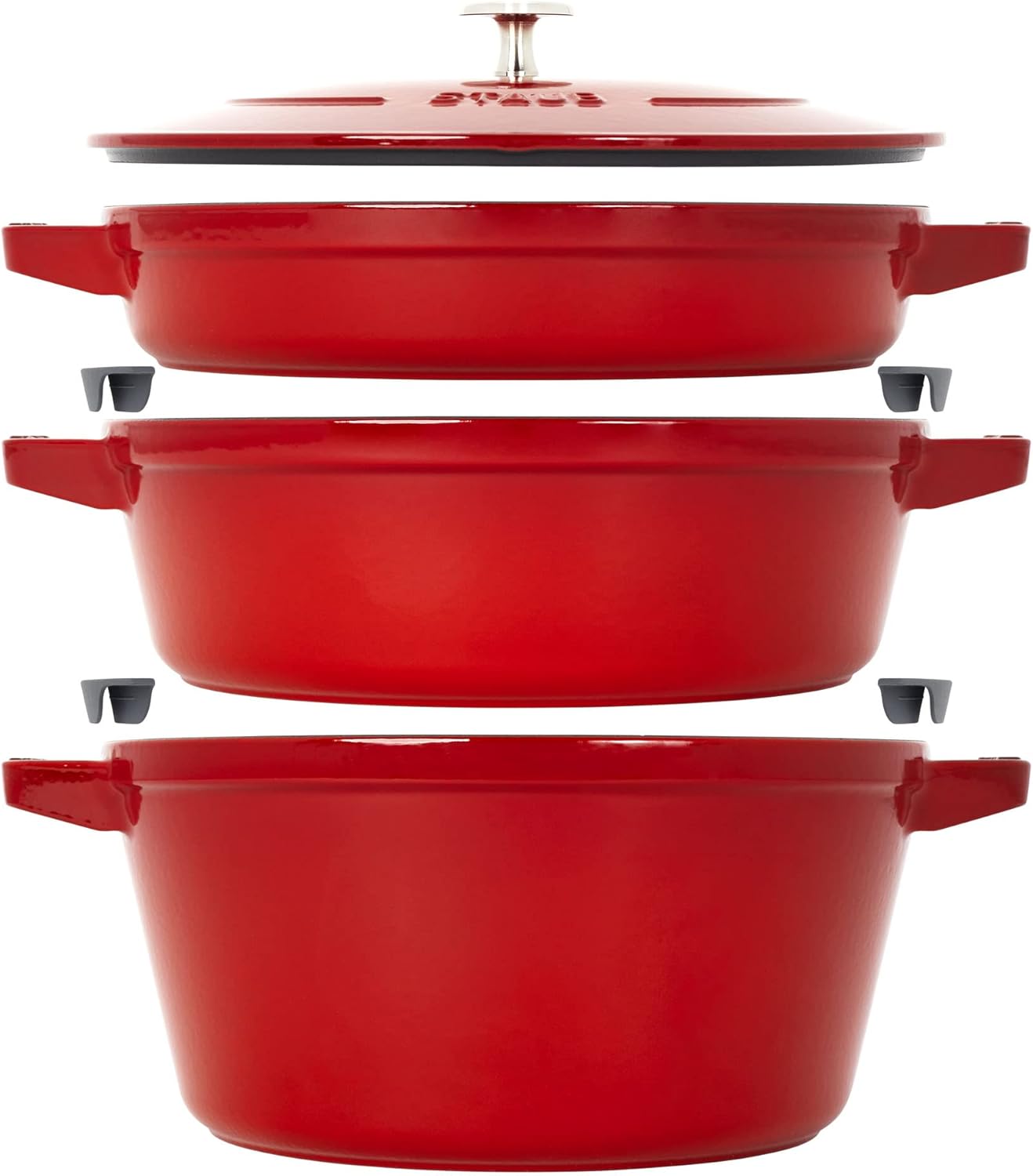 STAUB Cast Iron Set 4-pc, Stackable Space-Saving Cookware Set, Dutch Oven, Skillet, Grill Pan with Universal Lid, Made in France, Cherry