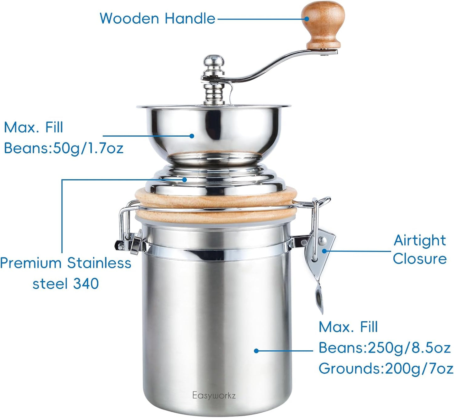 Easyworkz Manual Coffee Grinder - Adjustable Settings, Airtight Canister - Coffee Bean Mill Tool for Kitchen, Hand Crank Coffee Grinder