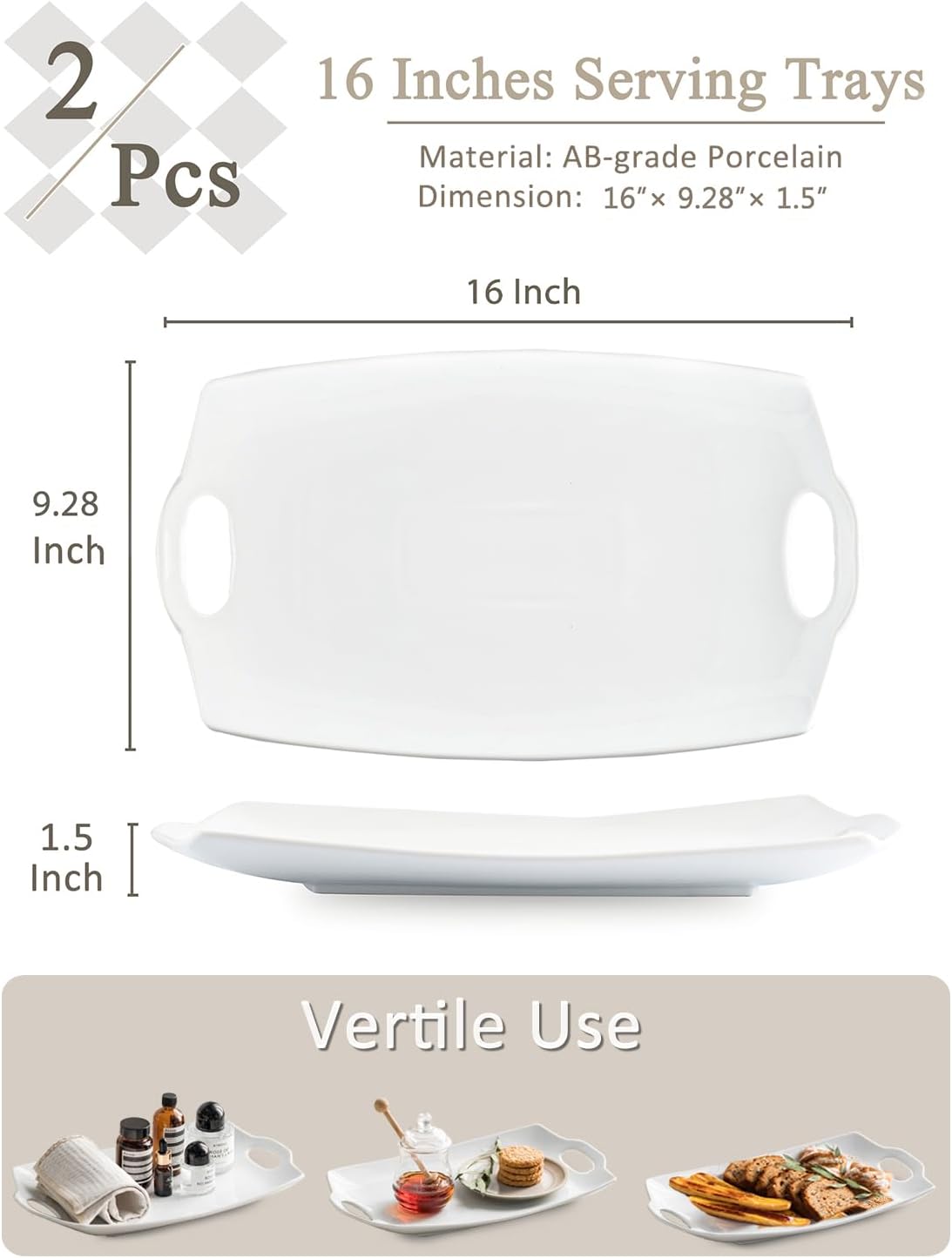 Turkey Serving Platter for Entertainment, Serving Tray with Handles Large, Party, Display, LYEOBOH 16 inch Rectangle Porcelain Platters Set of 2, White