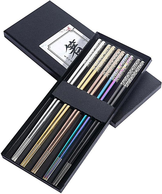Metal Chopsticks Reusable Titanium Plated Stainless Steel Japanese Korean for Food & Cooking 9.5Inch Non-Slip for Beginners Square Laser 5 Pairs Gift Set