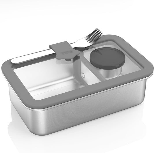 Stainless Steel Bento Box for Adult, 42oz Leak-Proof Lunch Box Containers with Adjustable Divider, Microwave-Safe, Metal Lunchbox with Glass Lid for Work Travel, Silver