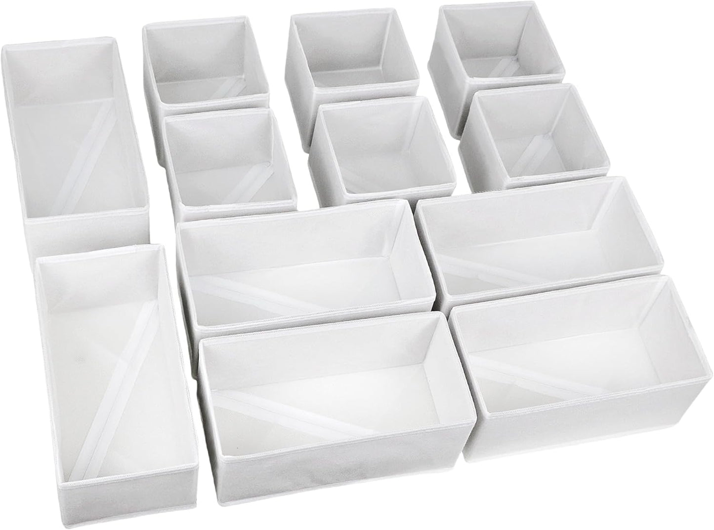 Set of 12 Drawer Organizer, Fabric Closet Organizer and Storage Baskets,Foldable Drawer Divider for Clothing,Sock,Ties,Underwear Drawer Organizers,Set of Cabinet Storage Boxes (White)