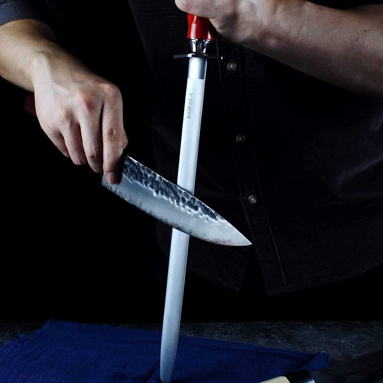 Sharpening Steel Knife Sharpener Rod Flat 12 Inches Honing Steel for Knives Red