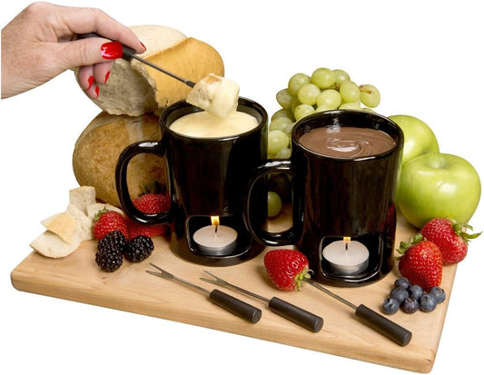 Evelots Fondue Pot Set for Chocolate, Cheese, Candy (2 Pack) Mini Ceramic Fondue Mugs Gift Set with 4 Forks & 8 Candles - Great for Date Night Birthday & Wedding Gifts