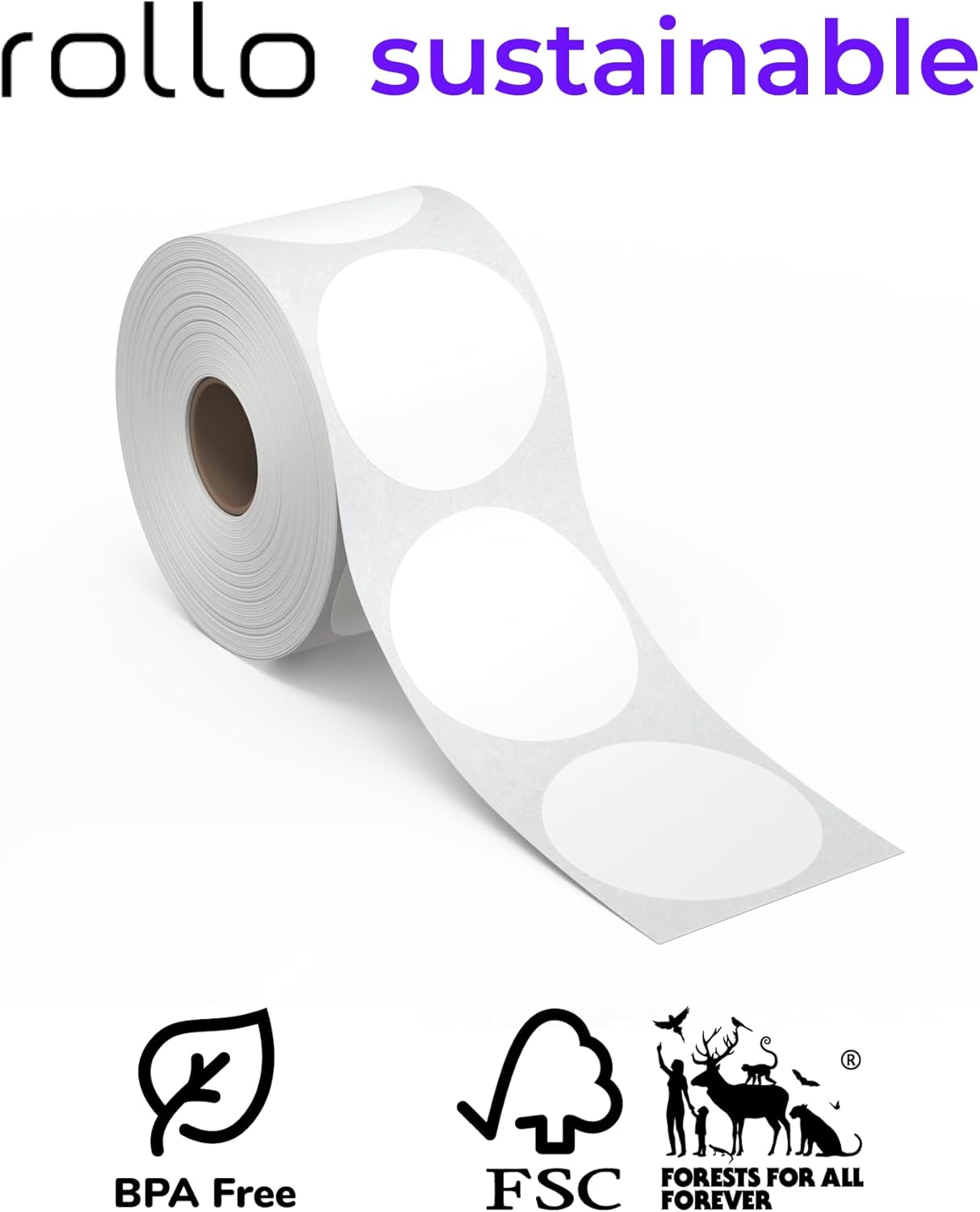 Rollo Circle Thermal Labels 2 Inch - Roll of 1,000 Round Sticker Labels - Multi-Purpose Direct Thermal Printer Stickers 2x2 (White)