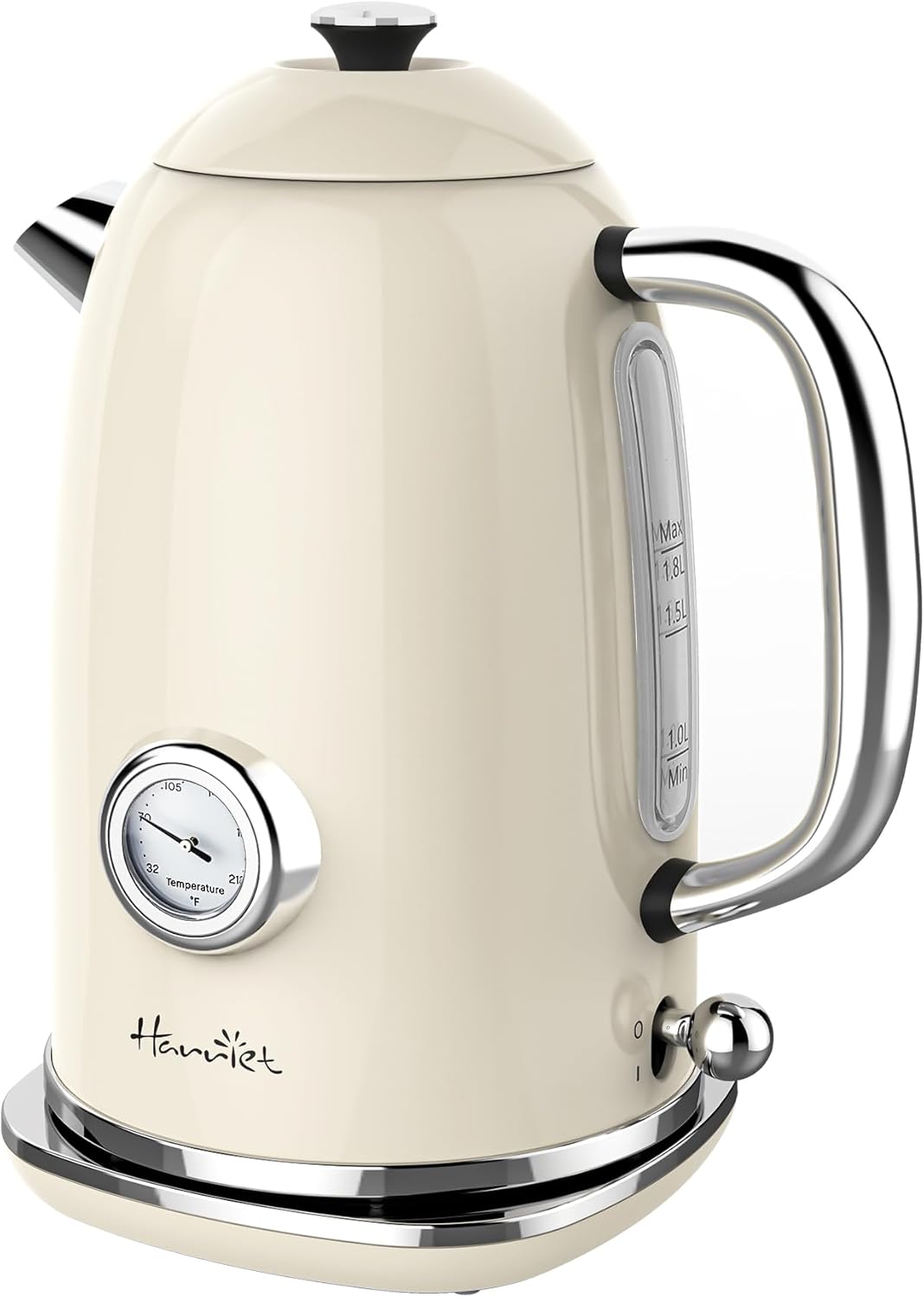 Harriet Electric Kettle, 1.8L Retro Electric Tea Kettle with Thermometer, 1500W Stainless Steel Hot Water Kettle Electric with LED Indicator, Fast Boiling, Cordless, Auto Shut-Off, Beige White