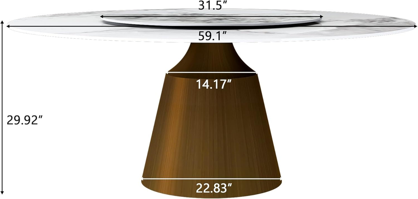Montary 59" Modern Artificial Marble Round Dining Table with Bronzed Stainless Steel Cone Base & 31.5" White Sintered Stone Turntable, Dining Room Table with Lazy Susan for 6-8 (Only Table)