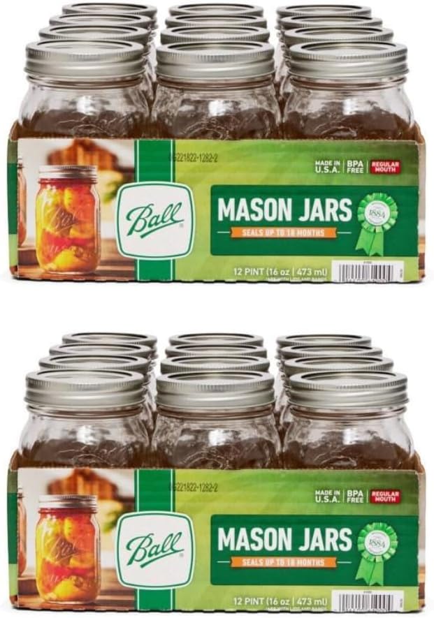 Ball Regular Mouth Glass Mason Jars with Lids and Bands, Used for Canning (Pint, 16 Ounce (Pack of 24))