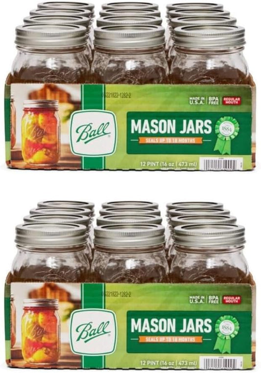 Ball Regular Mouth Glass Mason Jars with Lids and Bands, Used for Canning (Pint, 16 Ounce (Pack of 24))