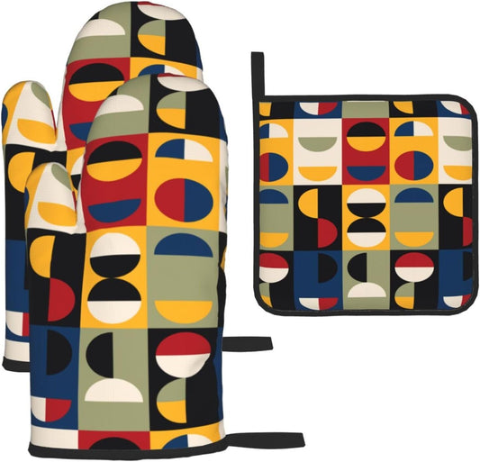 Retro Mid Century Modern Oven Mitts and Pot Holders Set Vintage Decorative Heat Resistant Microwave Oven Gloves for BBQ Baking Grilling Cooks Kitchen Decor 3 Piece