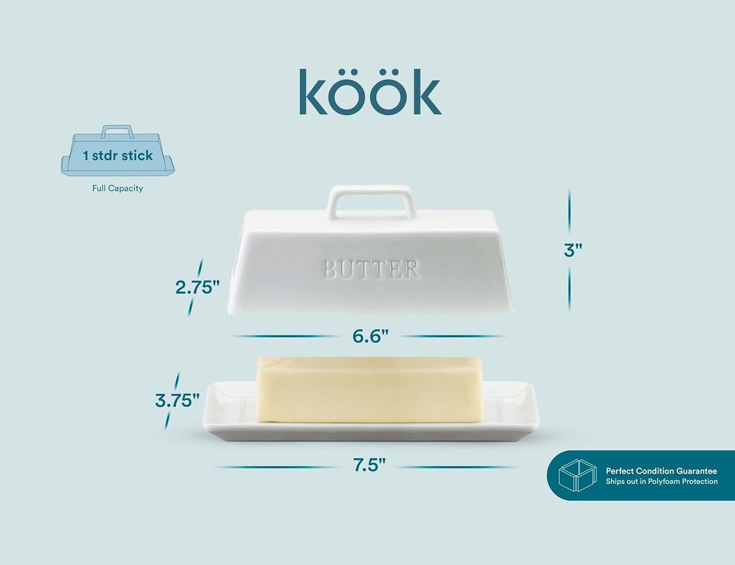Butter Dish with Lid, by Kook, Butter Dish with Lid for Countertop, Ceramic, Butter Tray, Kitchen Butter Keeper, Butter Container, Butter Holder, Holds 1 Stick, Microwave and Dishwasher Safe, White