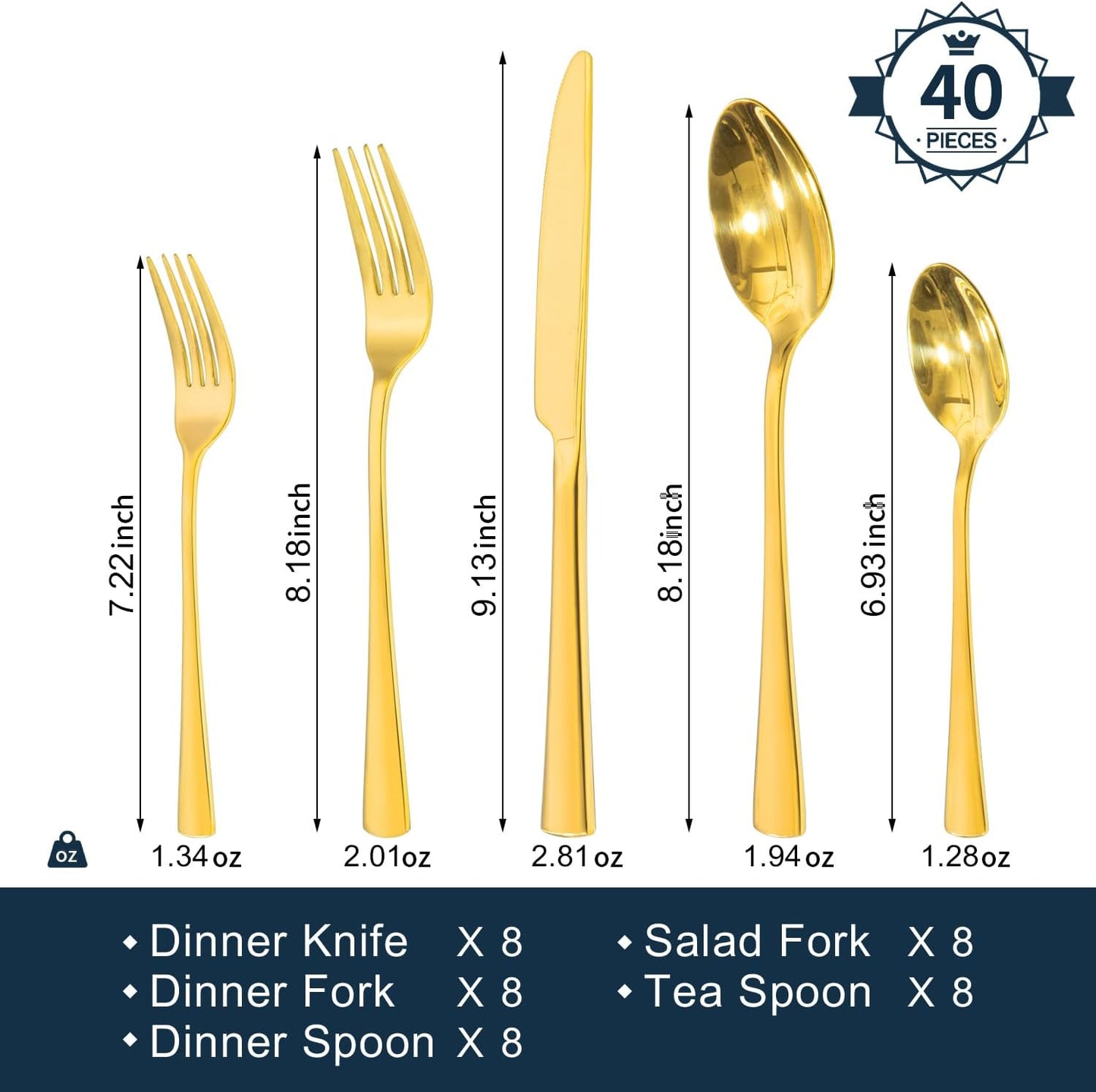 KINGSTONE Silverware Set for 8, 40-Piece Forged 18/10 Stainless Steel Flatware Set, Mirror Finish Cutlery Set Dishwasher Safe for Home, Restaurant, Wedding, Party,Gold