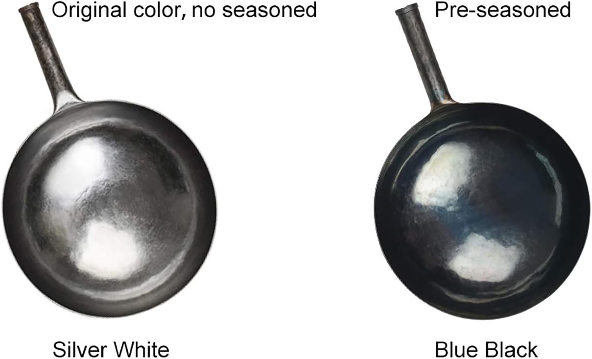 臻三环 ZhenSanHuan Chinese Hand Hammered Iron Woks and Stir Fry Pans, Non-stick, No Coating, Carbon Steel Pow (34CM, BlueBlack Seasoned with help handle)