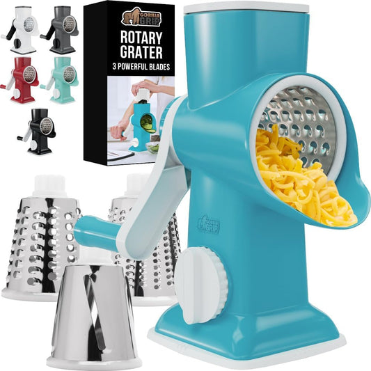 GORILLA GRIP BPA-Free Rotary Cheese Grater Hand Crank, Easy to Set Up, Strong Suction Base for Kitchen Countertop, Shred Potato, Vegetable, Nuts in Seconds, Round Mandoline Slicer, 3 Blades, Turquoise