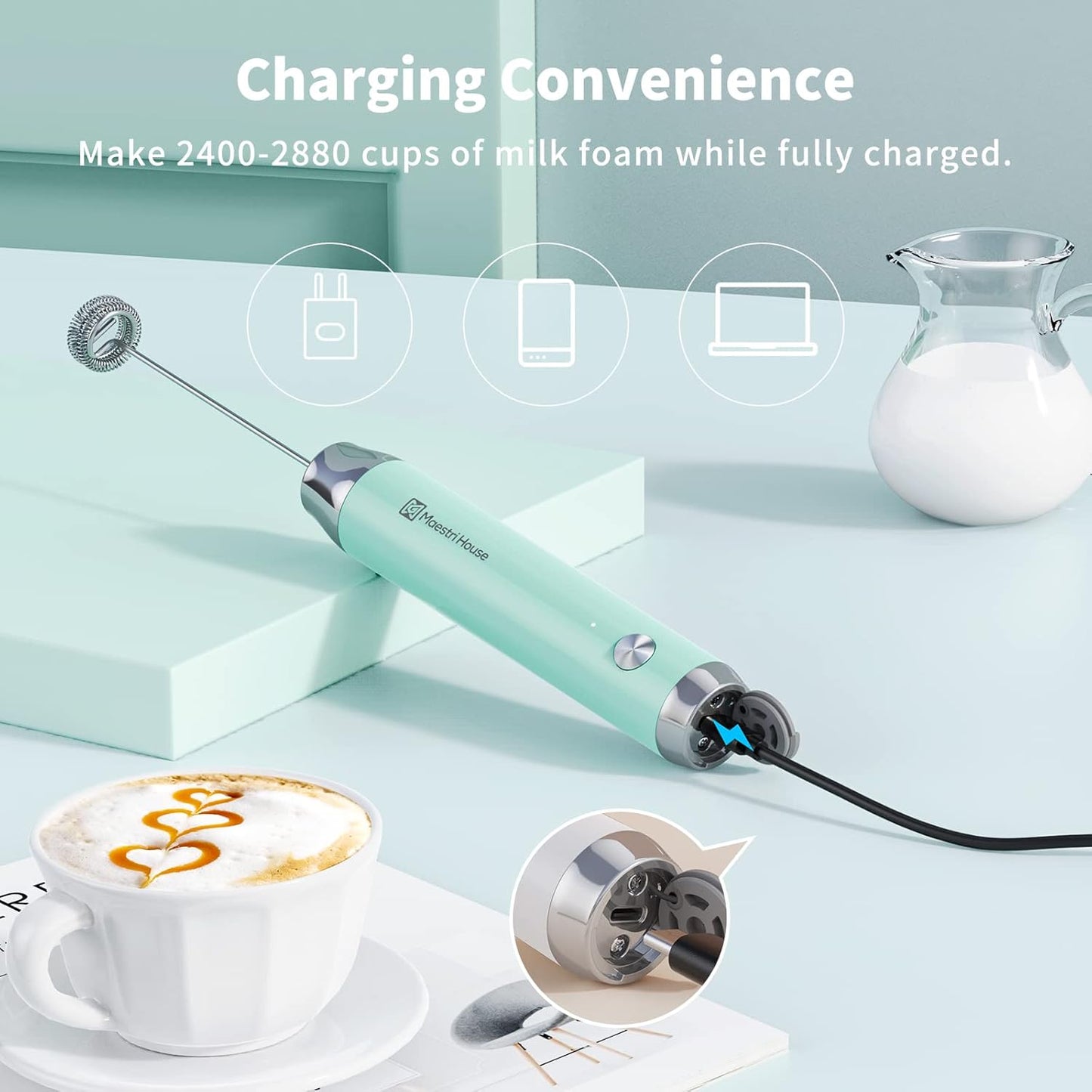 Maestri House Rechargeable Milk Frother with Stand, LunaFro Handheld Electric Foam Maker Waterproof Detachable Stainless Steel Whisk Drink Mixer Foamer for Lattes, Cappuccino