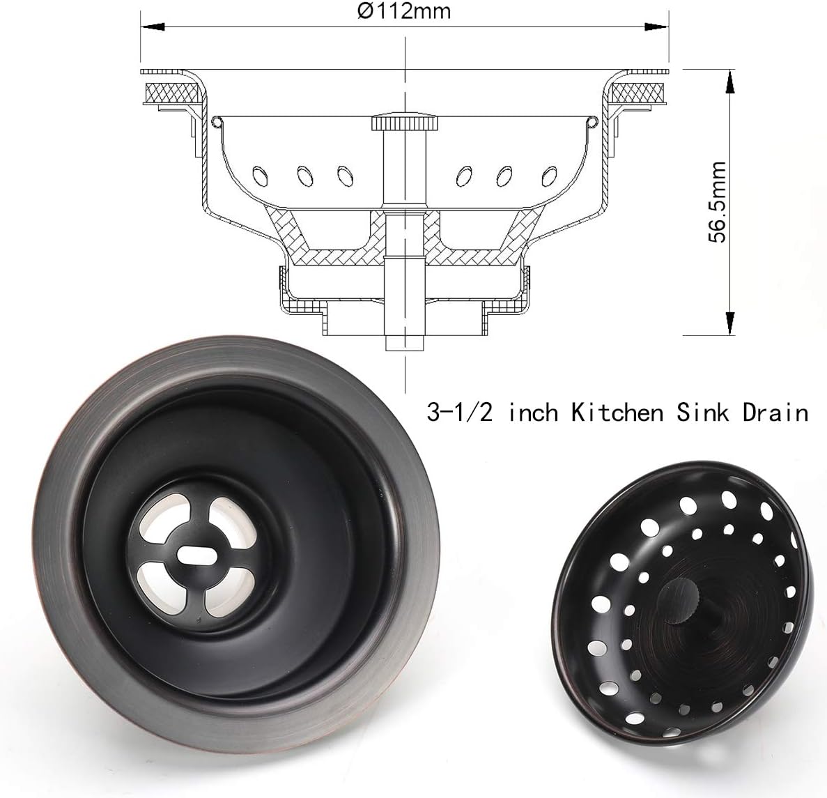 KONE 3-1/2 Inch Kitchen Sink Drain ORB Assembly with Strainer Basket/Stopper, All Stainless Steel Durable and Rustproof Oil Rubbed Bronze