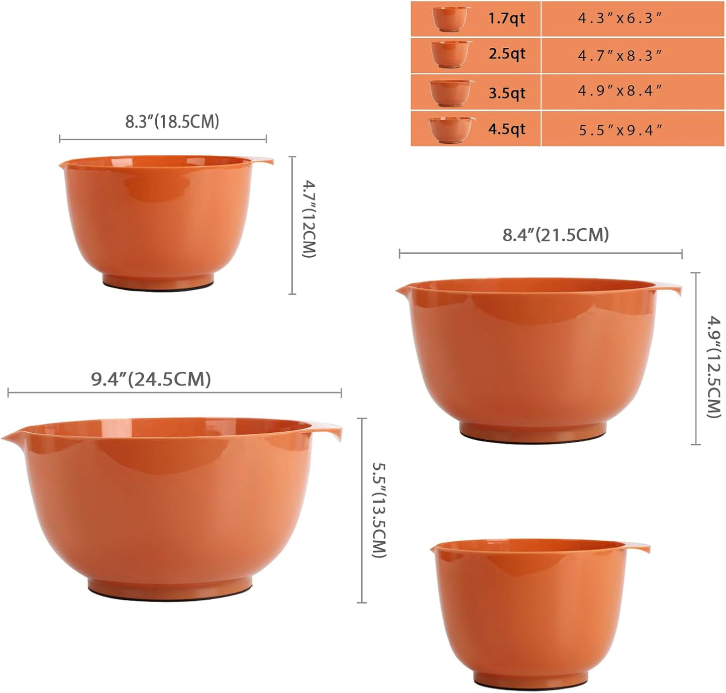 BoxedHome Nesting Plastic Mixing Bowl Set, 4 Piece Mixing Bowl Set with Pour Spouts, Size 1.7, 2.5, 3.5 and 4.5qt, for Prepping, Mixing, Baking, Cooking, Brownish Orange