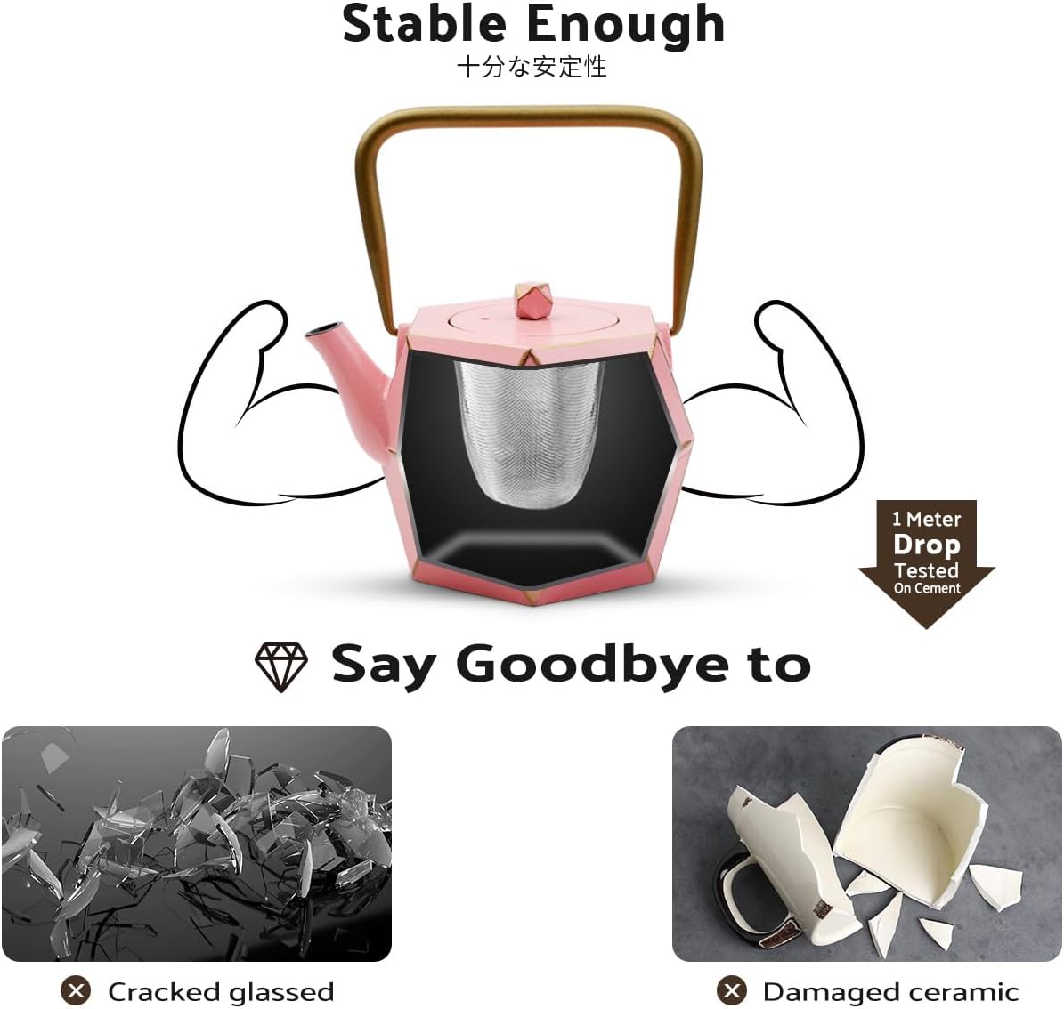 Toptier Cast Iron Teapot, Stovetop Safe Japanese Cast Iron Tea Kettle, Diamond Design Tea Pot with Removable Infuser for Loose Tea, 40 Ounce (1200 ml), Pink