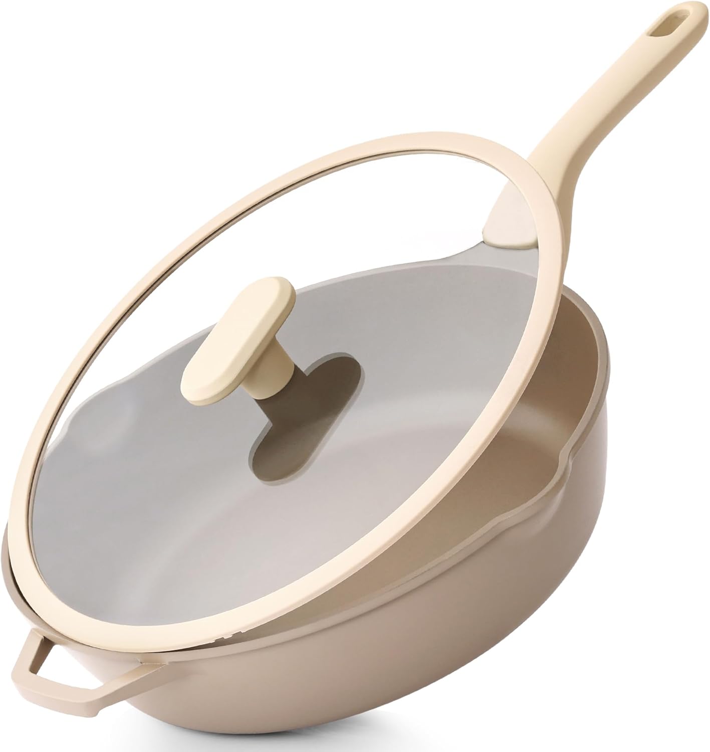 Nonstick Deep Frying Pan with Glass Lid, 12 Inch (4.8 qt), 5X Durable Nonstick Sauté Pan, Scratch & Stain Resistant, PFOA Free, Induction Compatible, Dishwasher & Oven Safe, Natural Linen