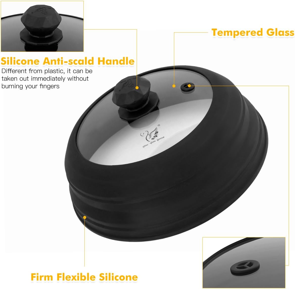 Microwave Splatter Cover Vented Glass Splatter Guard Lid with Collapsible Silicone for Food as Pot Cover Plate 9.8 inch Black