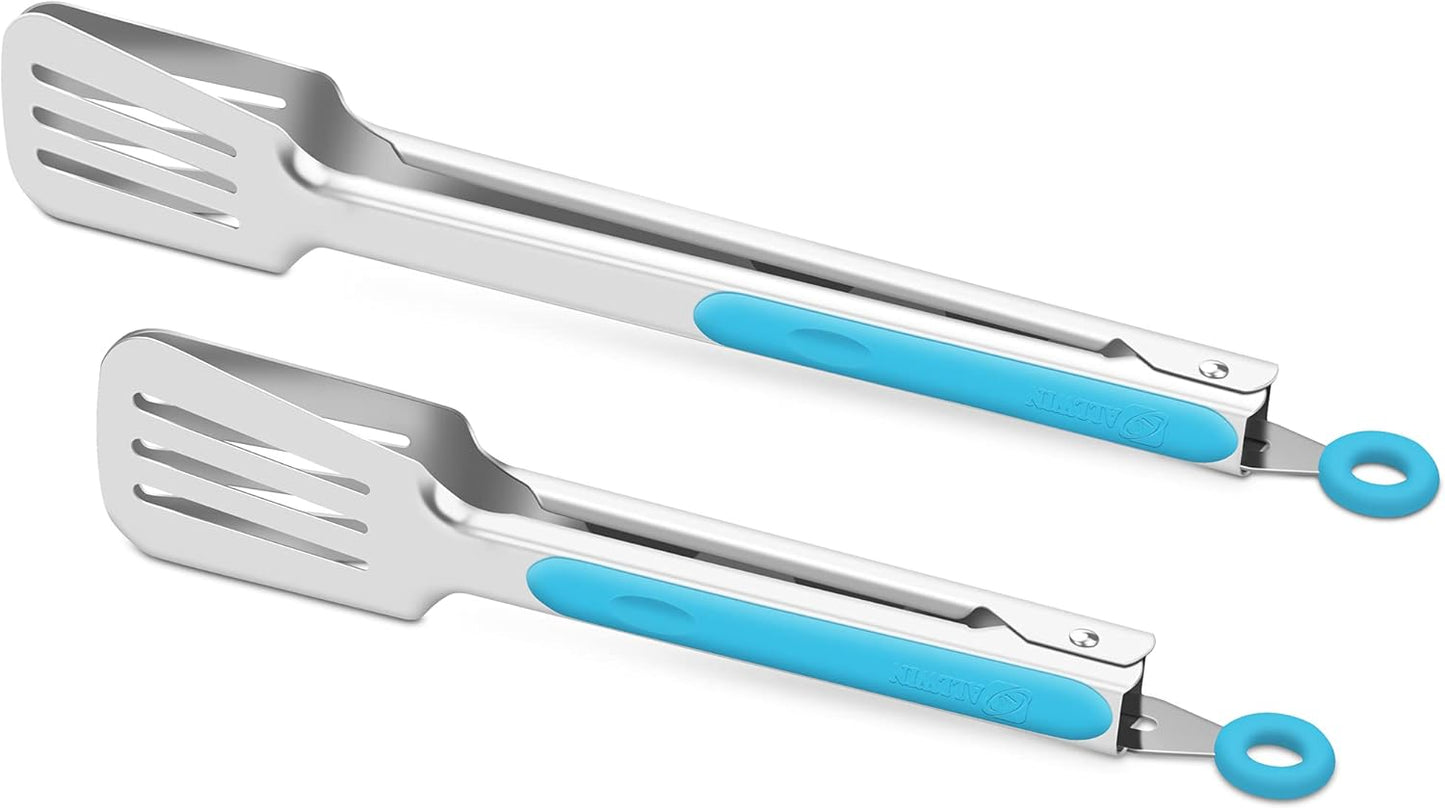 Premium 304 Stainless Steel Barbecue Turners, Heavy Duty Non-Stick BBQ Cooking Kitchen Tongs, 9" and 12" Blue