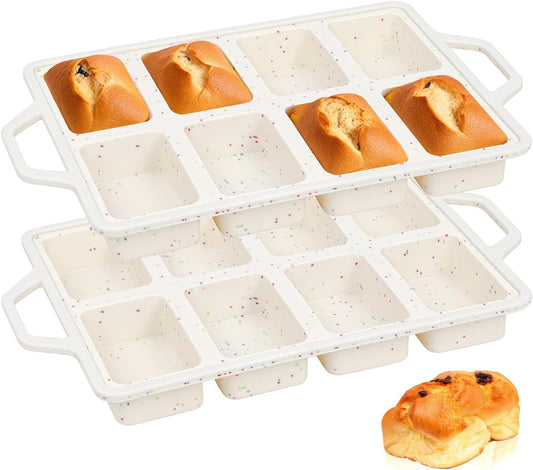 SJ Silicone Mini Loaf Pans with Metal Reinforced Frame-2 Pack, Non-stick Silicone Mini Bread Loaf Pans for Baking 8-Cavity, Tiny Banana Bread Set, Dishwasher Safe Brownie Pan-Cream