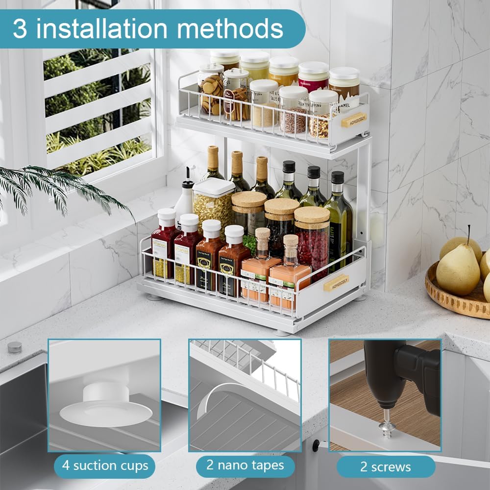 Under Sink Organizer, Pull Out Kitchen Cabinet Organizer, 2-Tier Metal Under Sink Organizers and Storage Height-Adjustable, Kitchen Bathroom Organizers and Storage Shelves, White