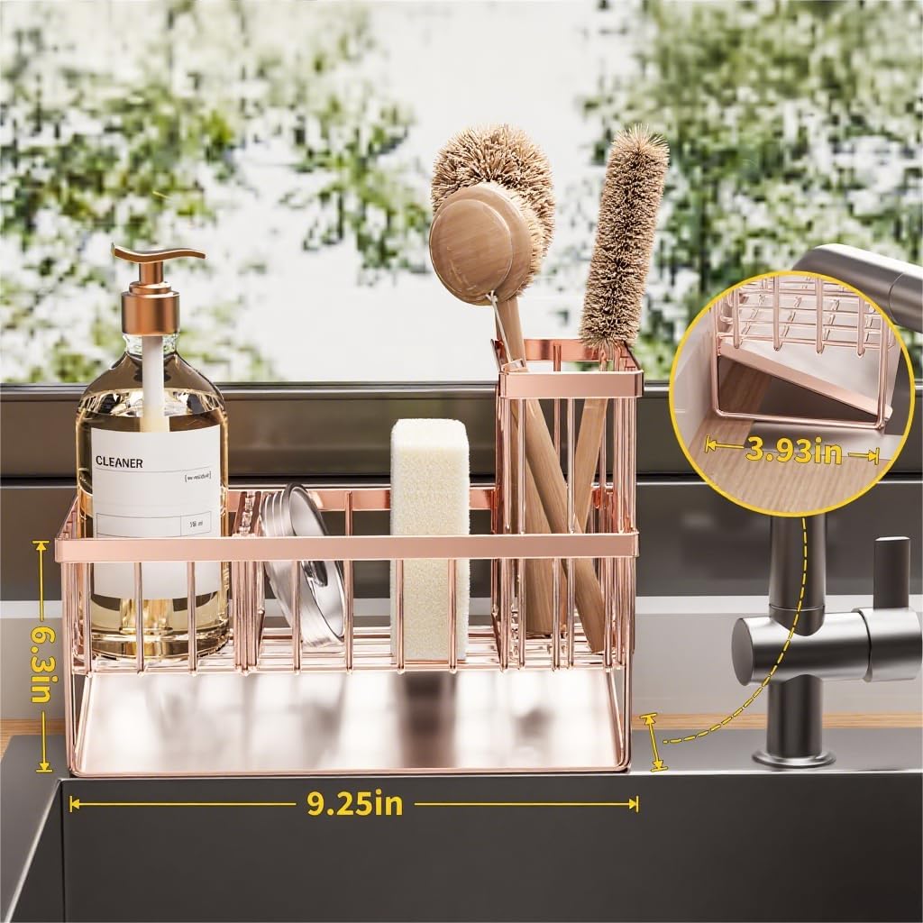 Cisily Sink Caddy Organzier with High Brush Holder, Sponge Holder for Sink, 304 Rustproof Stainless, Kitchen Countertop Soap Dispenser Organizer, Rose Gold Kitchen Decor and Accessories