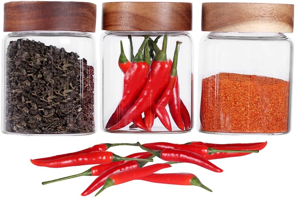 SAIOOL 3 Packs Glass Food Storage Jars with Screw Airtight Seal Acacia Wood Lids,Spice Jars with Lids, Organization for Jars Bottles Containers Travel Gear, Sugar, Salt,Coffee, cookies,spices