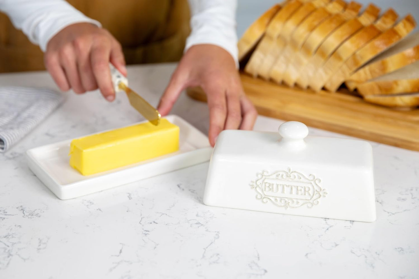 Covered Butter Dish with Lid - Elegant Engraved Butter Holder with Lid - Ceramic Butter Stick Holder Tray Holds Any Size Stick - Decorative Butter Keeper Container for Countertop & Fridge - 7.7" x 4"
