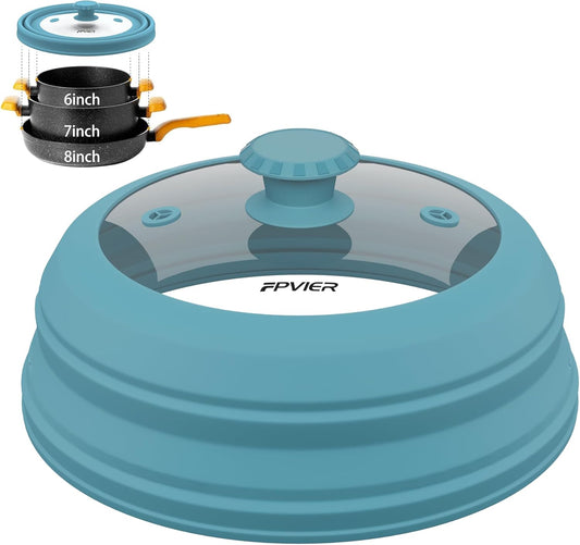 Collapsible Microwave Splatter Cover - Vented Silicone & Glass Lid with Easy-Grip Handle, Fits 6 to 8 Inch Plates & Bowls, 9 Inch Diameter, Prevents Splatters & Ensures Even Heating