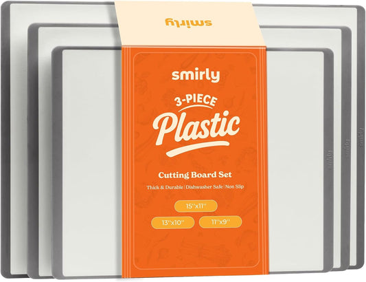 SMIRLY Plastic Cutting Board Set 3 Pieces, Non-Slip Dishwasher Safe Chopping Boards for Kitchen, Grey & White