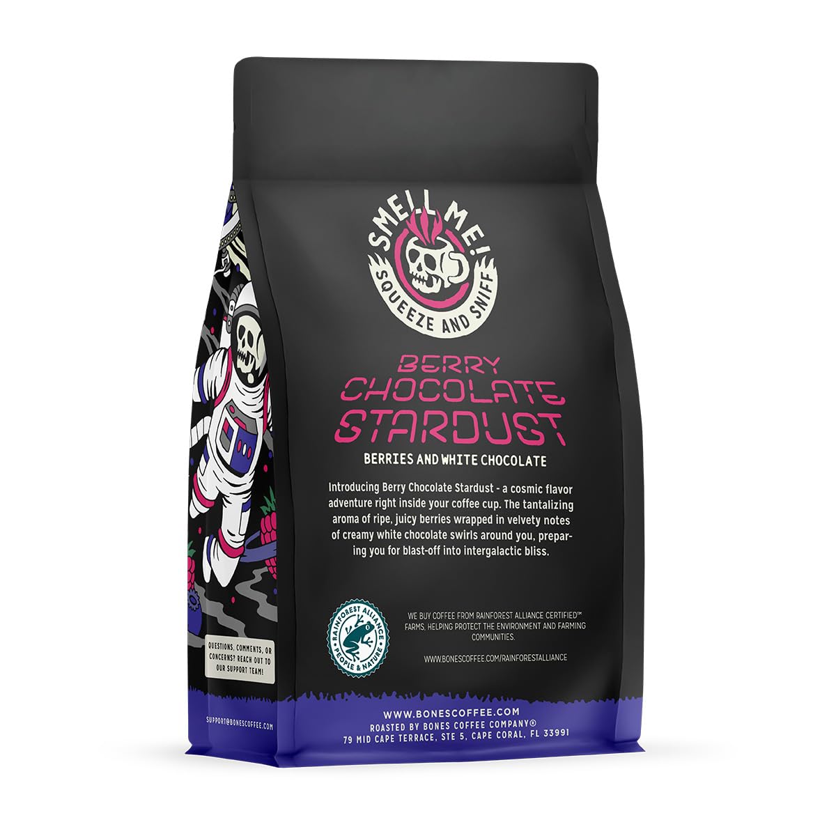 Bones Coffee Company Berry Chocolate Stardust, Berries and White Chocolate Flavored Coffee, Medium Roast Low Acid Arabica Beans For Auto drip and French Press Coffee Maker, 12 Oz Ground