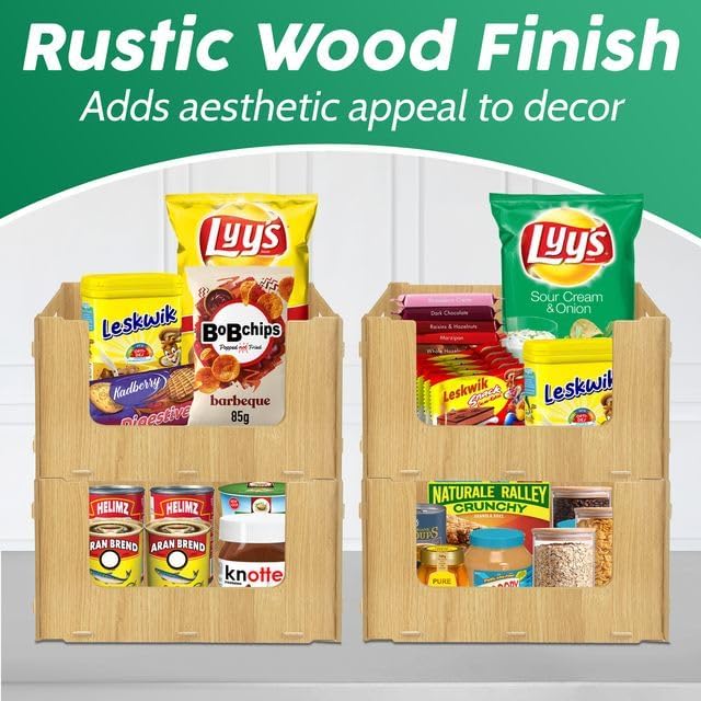 Skywin TidyFriend Stackable Storage Bins for Pantry, 4 Pack Stackable Bins For Organizing Food, Kitchen, and Bathroom Essentials (Wood)