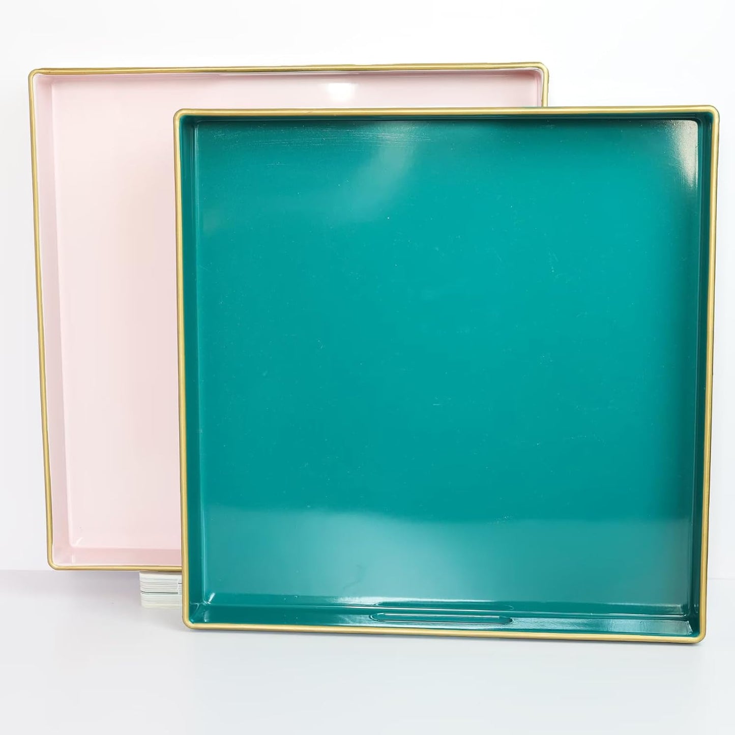 Spsyrine Green Decorative Serving Tray with Handles, 13" X 13" Square Plastic Coffee Table Tray for Ottoman, Living Room, Bathroom, Home Decor.