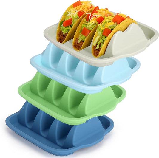 Juome Upgraded Silicone Taco Holder 4 Packs - Reusable Taco Plates with Dividers, Taco Rack Holders Stand for Hard/Soft Taco Shell Holder, Taco Party Serving Tray Plates, Dishwasher & Microwave Safe