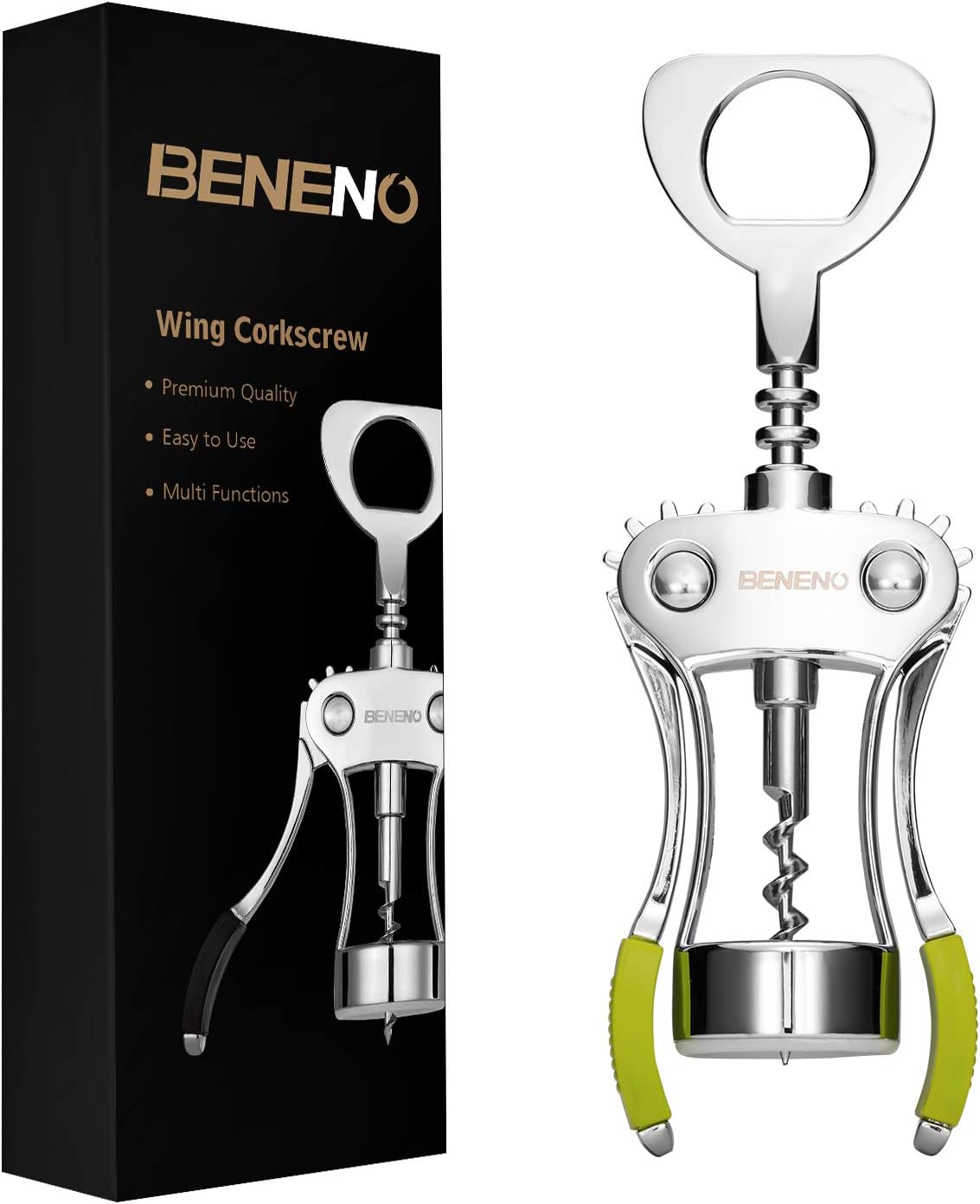 Beneno Wine Opener, Zinc Alloy Premium Wing Corkscrew with Multifunctional Bottles Opener, Sharp Wine Corkscrew with Ergonomic Non-Slip Wing Handle, Upgrade Green