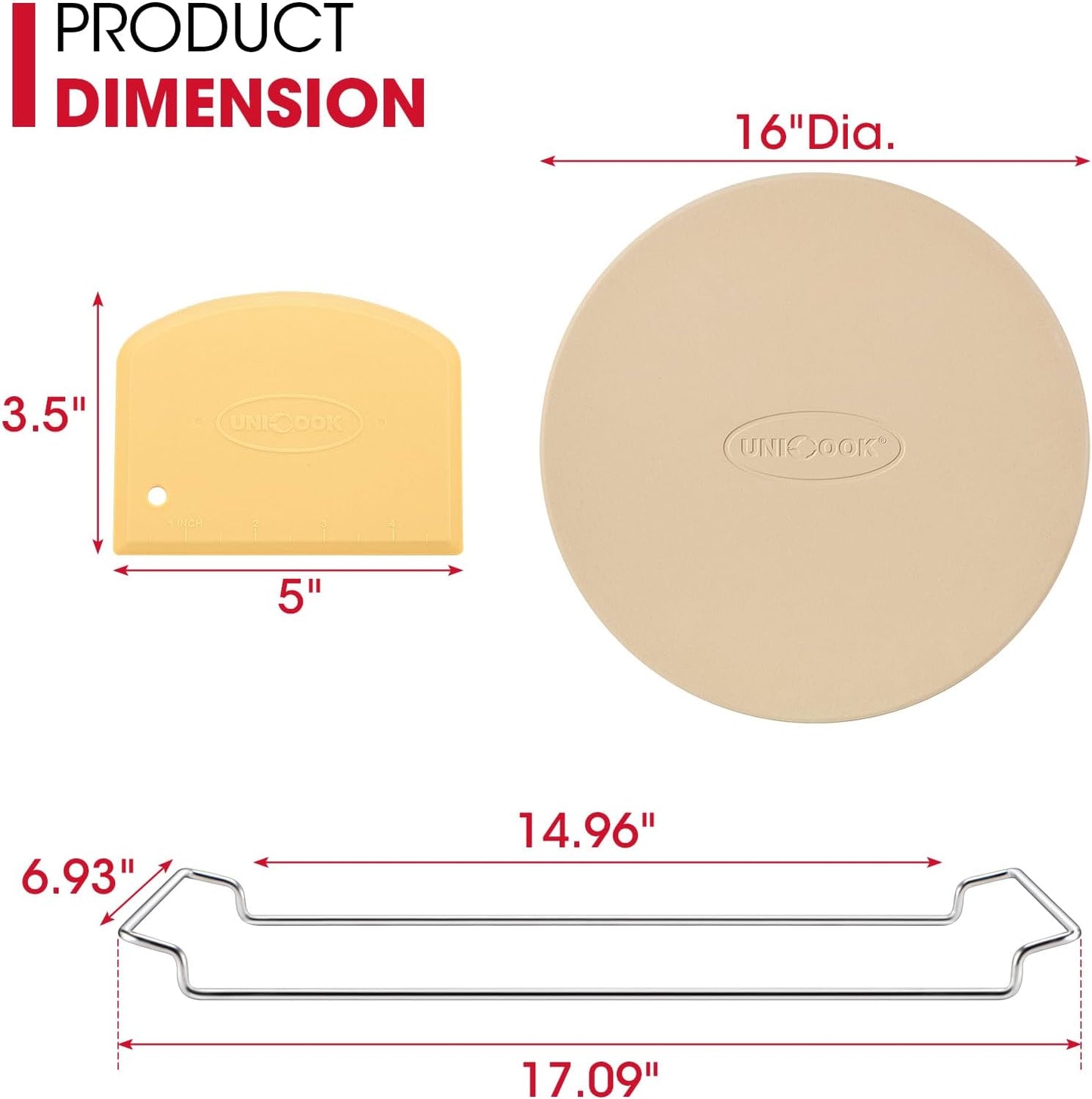 Unicook Round Pizza Stone for Oven and Grill 16 Inch, Oven Baking Stone for Bread, Cordierite Pizza Pan for Baking Crispy Bread and Cookies, Includes Carry Rack and Dough Scraper