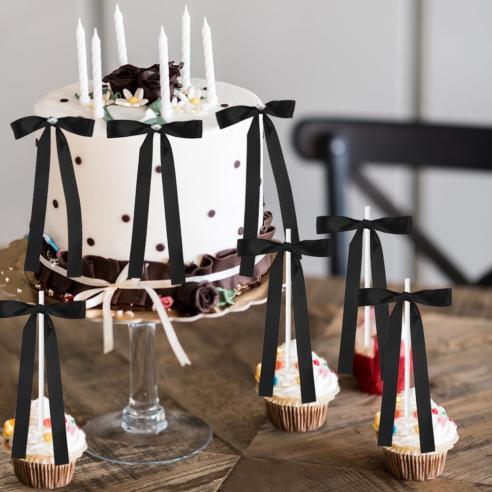 Bow Cake Toppers, 10 Pcs Large Black Bows Cupcake Toppers Themed Party Decorations, Black Birthday Cake Decorations for Wedding Baby Shower Party Supplies