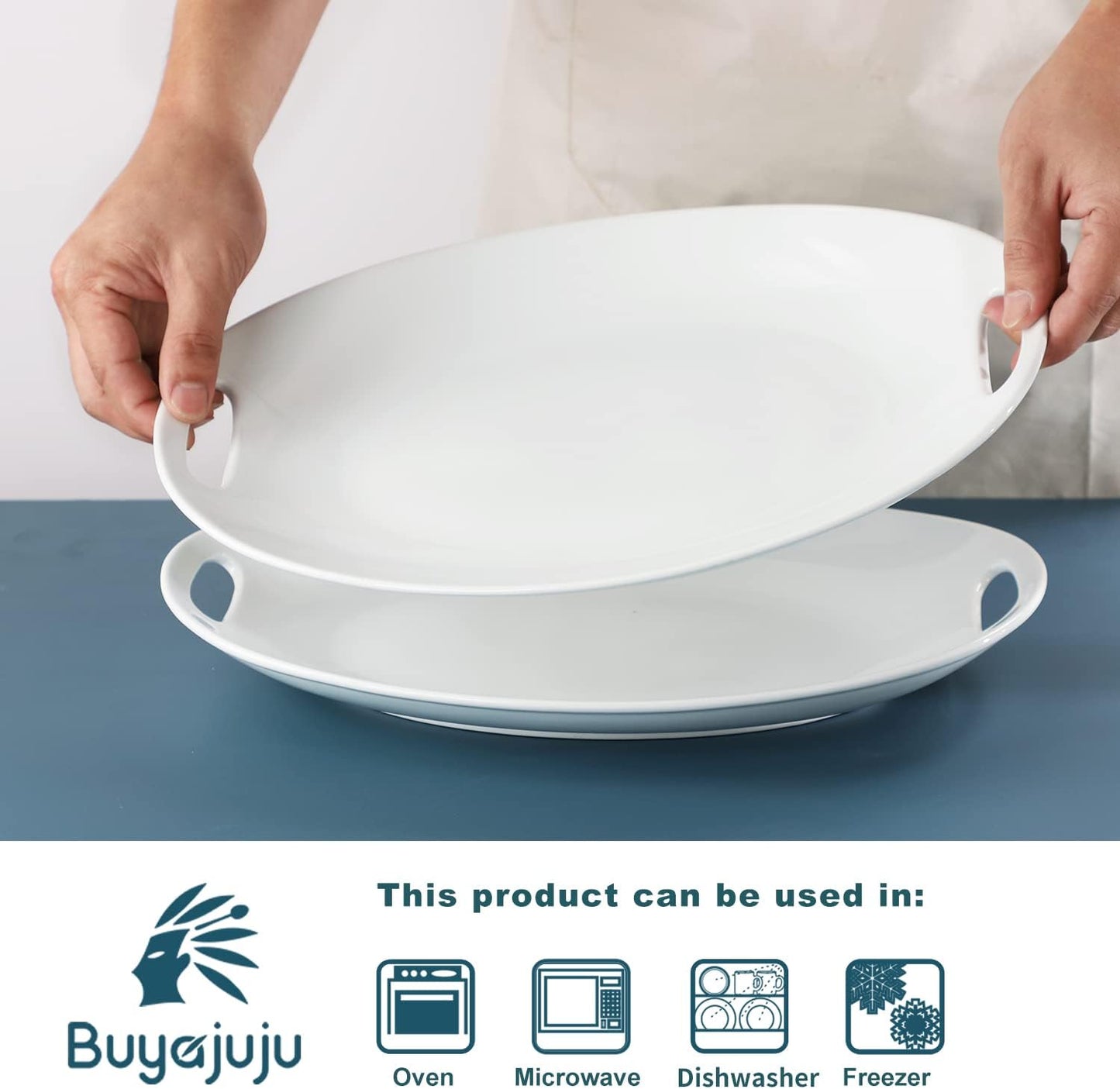 Porcelain Serving Platter with Handles, 14" serving dishes for entertaining, Oval Serving tray for Salad, Stew, Fruits and Pasta, Set of 2, White