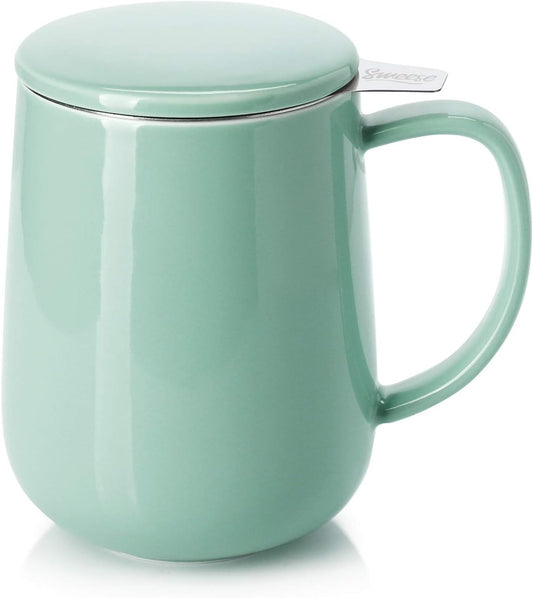 Sweese 20 OZ Porcelain Tea Mug with Infuser and Lid, Loose Leaf Tea Cup, Gifts for Tea Lover - Mint Green