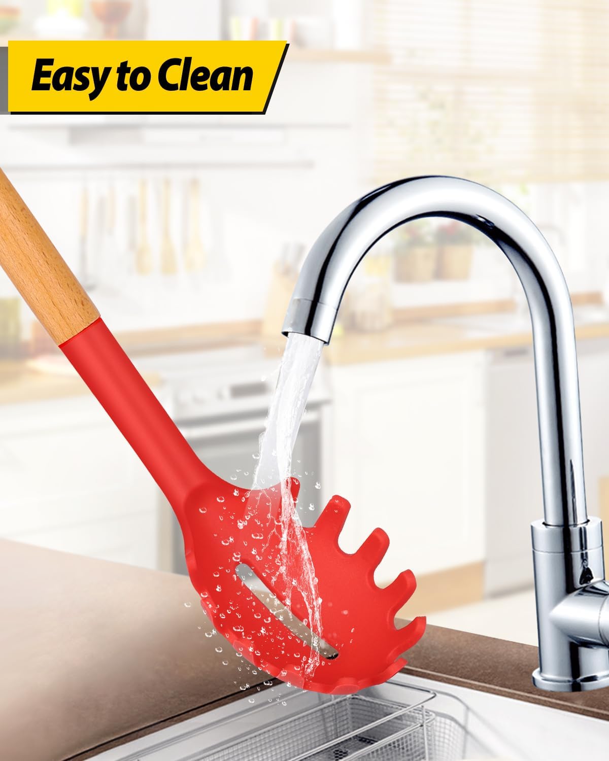 Silicone Pasta Fork and Ladle Spoon Set with Wooden Handle, Heat Resistant Non Stick Kitchen Utensils for Cooking, Stirring, Serving Spaghetti, Soup, Sauce(RED)