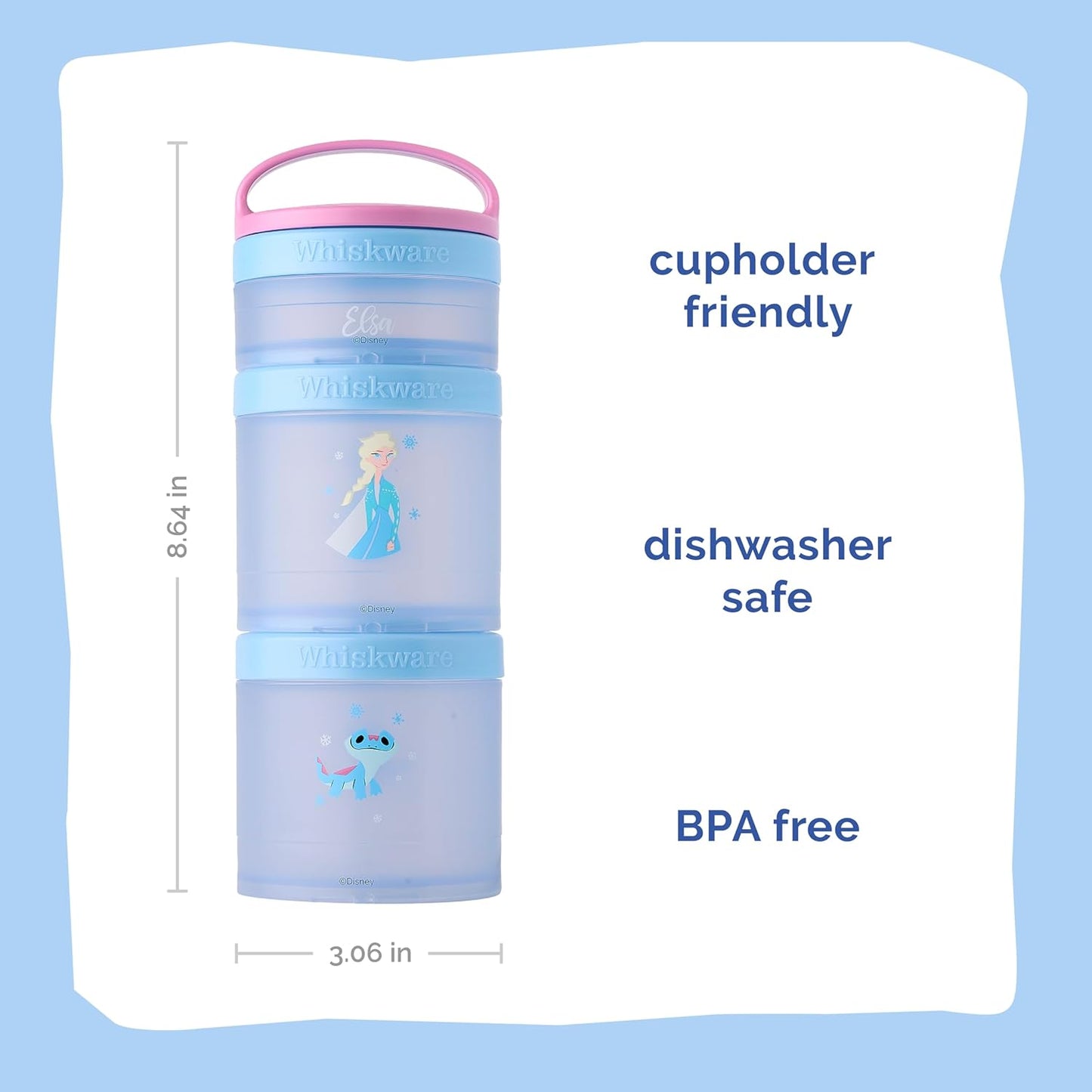 Whiskware Disney Princess Frozen, Stackable Snack Containers for Kids, 3 Stackable Snack Cups for School or Travel, Formula and Cupholder Friendly, Elsa and Bruni